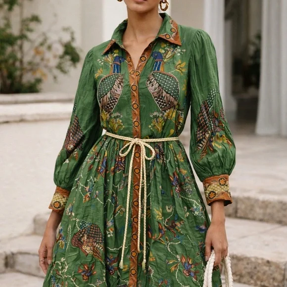 ALÉMAIS Birdie Green Ramie Shirt Dress - Printed Midi - Size US 10 / AU 14 - Picture 1 of 5